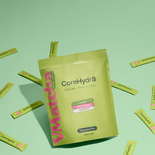 VMATCHA CoreHydr8 Ceremonial Grade Matcha + Electrolytes Watermelon Lime 30 Sachets Hydration Natural Energy Vitamin C Zinc Low Sugar - Beverage, Coconut